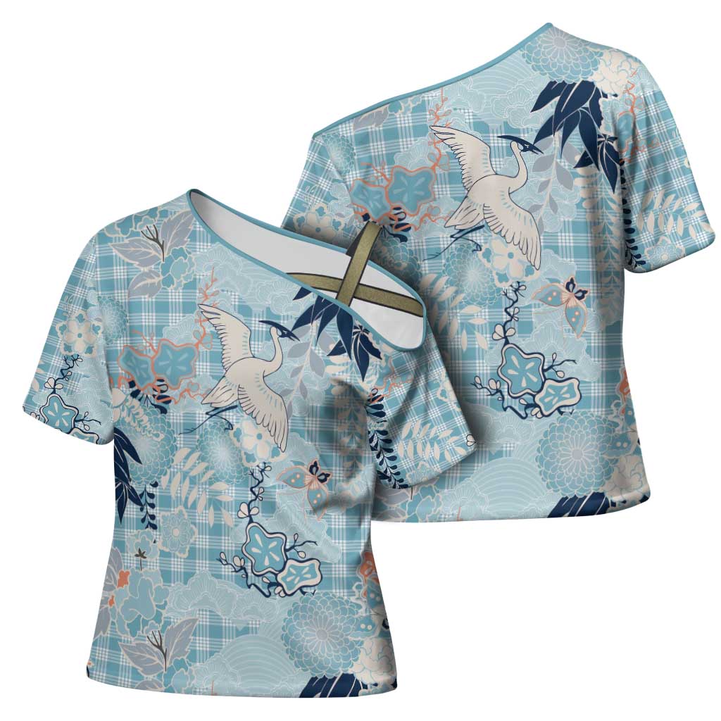 Blue Palaka Crane and Flowers Cross Shoulder Shirt Japan Heritage Spirit - Polynesian Pride