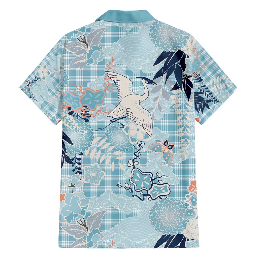 Blue Palaka Crane and Flowers Family Matching Long Sleeve Bodycon Dress and Hawaiian Shirt Japan Heritage Spirit - Polynesian Pride