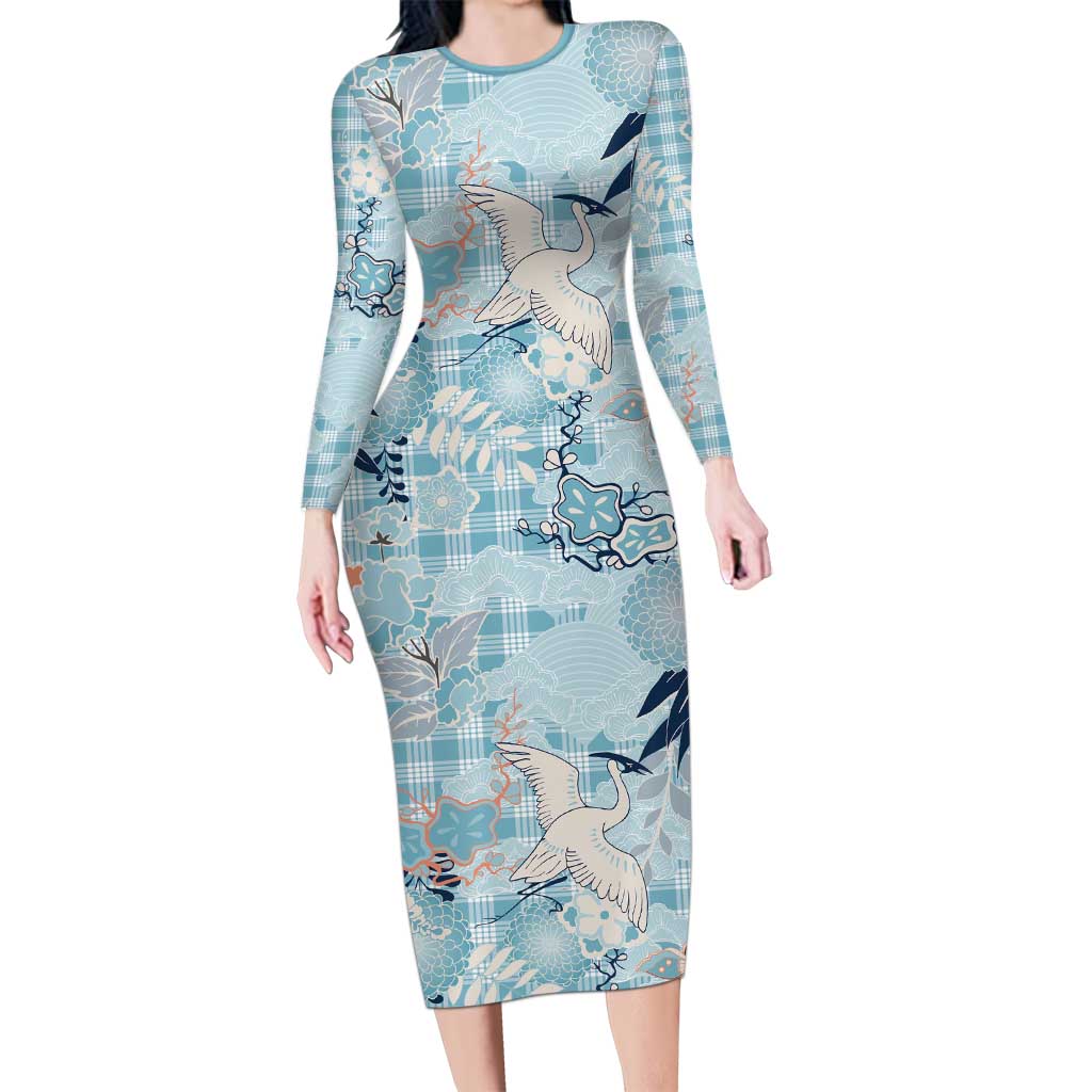 Blue Palaka Crane and Flowers Family Matching Long Sleeve Bodycon Dress and Hawaiian Shirt Japan Heritage Spirit - Polynesian Pride