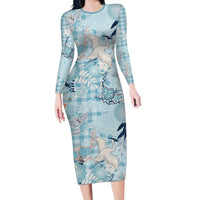 Blue Palaka Crane and Flowers Family Matching Long Sleeve Bodycon Dress and Hawaiian Shirt Japan Heritage Spirit - Polynesian Pride