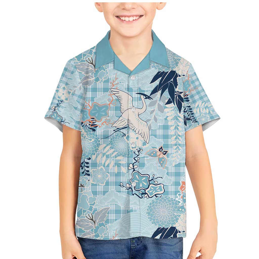Blue Palaka Crane and Flowers Family Matching Mermaid Dress and Hawaiian Shirt Japan Heritage Spirit - Polynesian Pride
