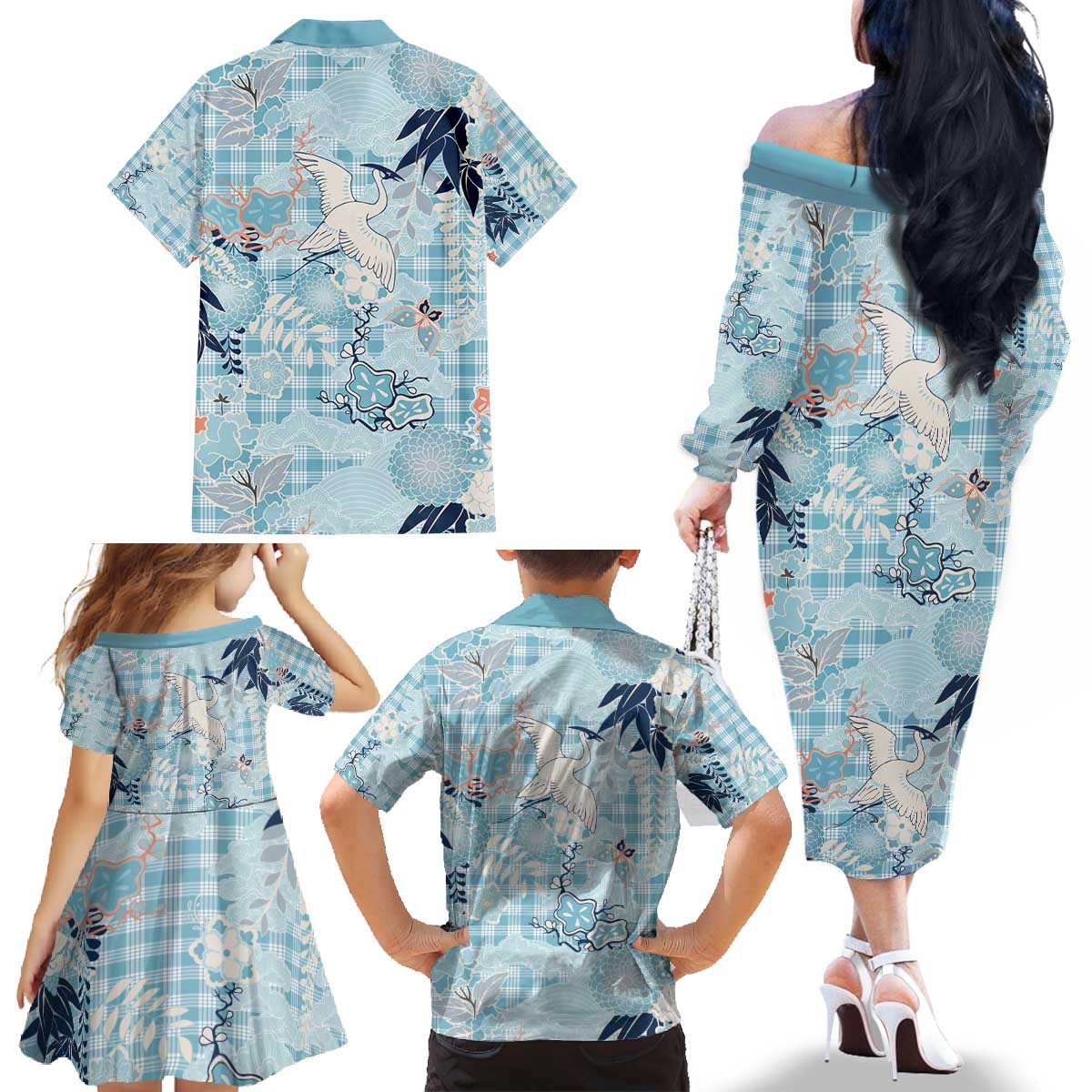 Blue Palaka Crane and Flowers Family Matching Off The Shoulder Long Sleeve Dress and Hawaiian Shirt Japan Heritage Spirit - Polynesian Pride