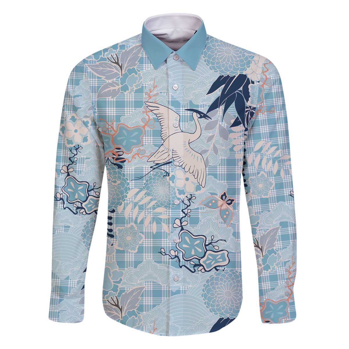 Blue Palaka Crane and Flowers Family Matching Off The Shoulder Long Sleeve Dress and Hawaiian Shirt Japan Heritage Spirit - Polynesian Pride