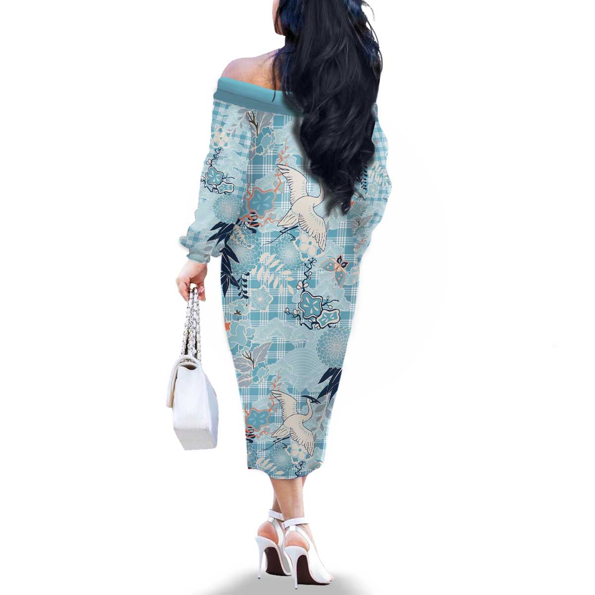 Blue Palaka Crane and Flowers Family Matching Off The Shoulder Long Sleeve Dress and Hawaiian Shirt Japan Heritage Spirit - Polynesian Pride