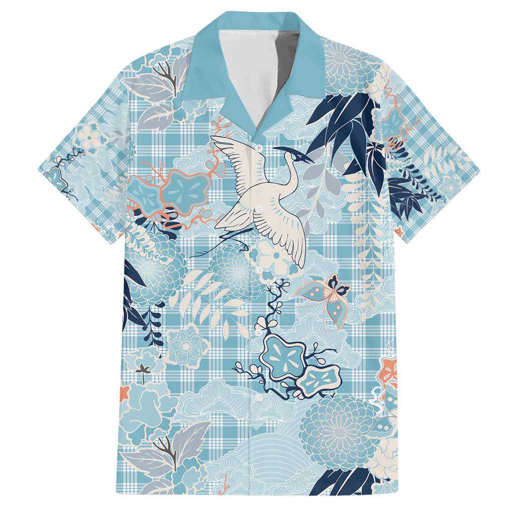 Blue Palaka Crane and Flowers Family Matching Off Shoulder Maxi Dress and Hawaiian Shirt Japan Heritage Spirit - Polynesian Pride
