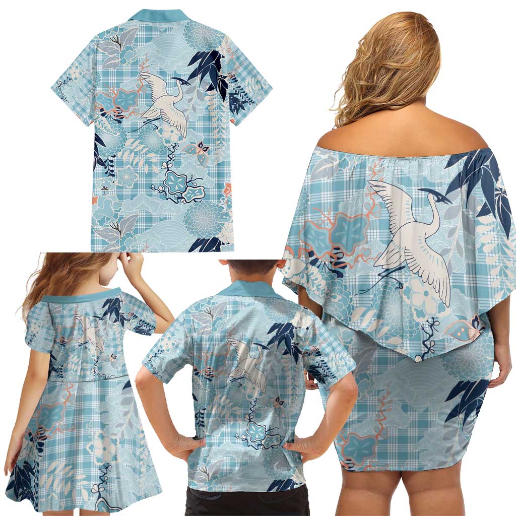 Blue Palaka Crane and Flowers Family Matching Off Shoulder Short Dress and Hawaiian Shirt Japan Heritage Spirit - Polynesian Pride
