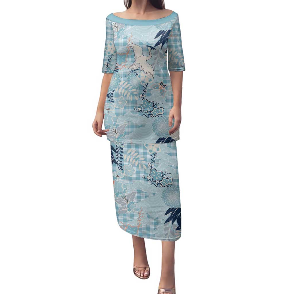 Blue Palaka Crane and Flowers Family Matching Puletasi and Hawaiian Shirt Japan Heritage Spirit - Polynesian Pride
