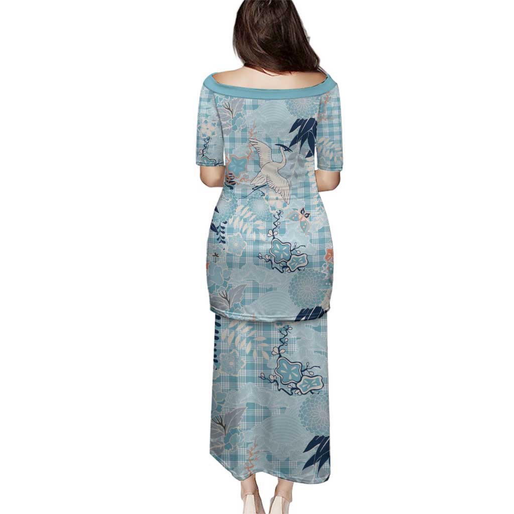 Blue Palaka Crane and Flowers Family Matching Puletasi and Hawaiian Shirt Japan Heritage Spirit - Polynesian Pride