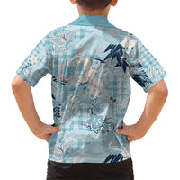 Blue Palaka Crane and Flowers Family Matching Short Sleeve Bodycon Dress and Hawaiian Shirt Japan Heritage Spirit - Polynesian Pride