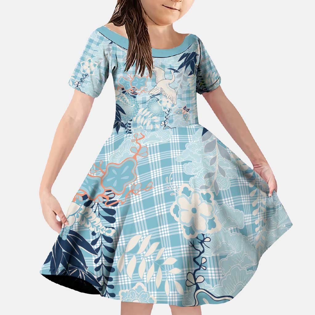 Blue Palaka Crane and Flowers Family Matching Short Sleeve Bodycon Dress and Hawaiian Shirt Japan Heritage Spirit - Polynesian Pride