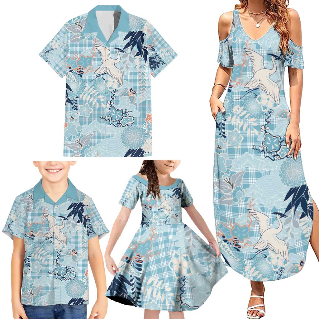 Blue Palaka Crane and Flowers Family Matching Summer Maxi Dress and Hawaiian Shirt Japan Heritage Spirit - Polynesian Pride
