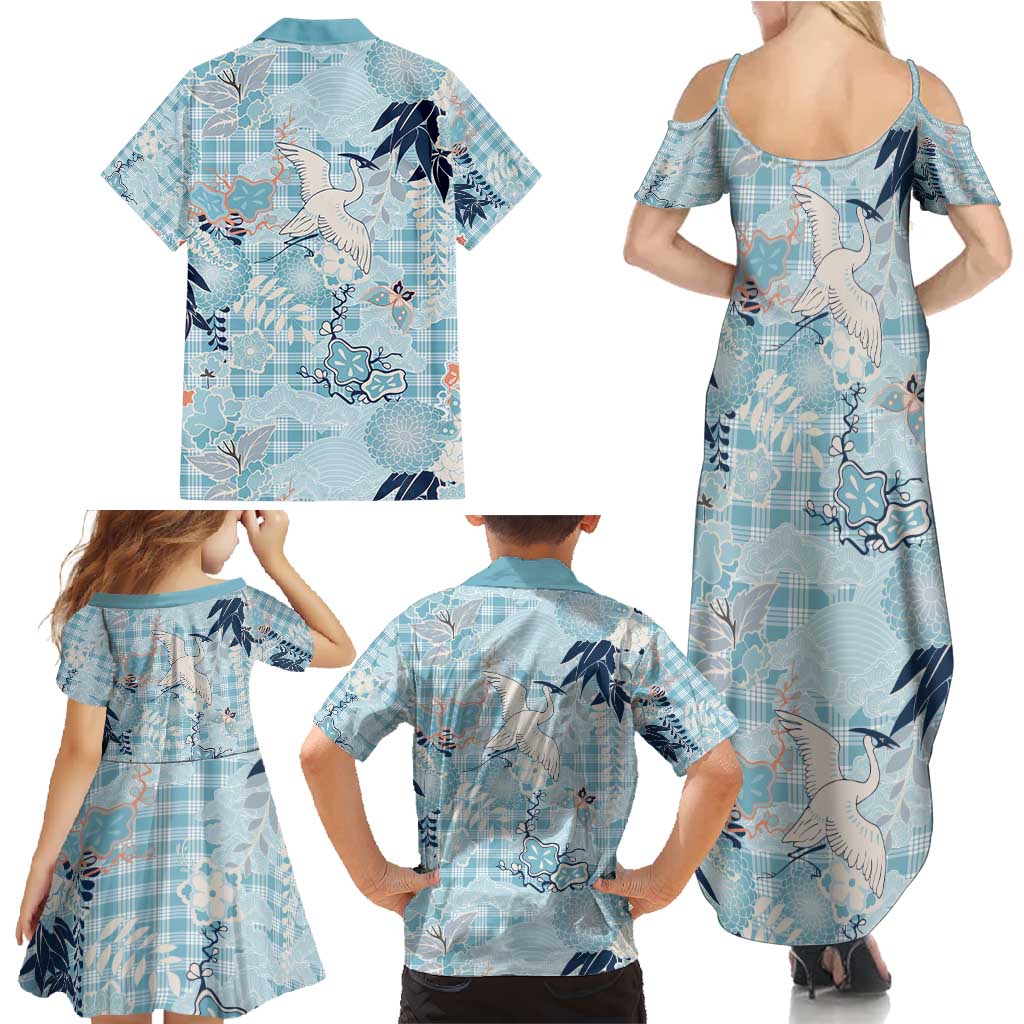 Blue Palaka Crane and Flowers Family Matching Summer Maxi Dress and Hawaiian Shirt Japan Heritage Spirit - Polynesian Pride