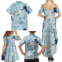 Blue Palaka Crane and Flowers Family Matching Summer Maxi Dress and Hawaiian Shirt Japan Heritage Spirit - Polynesian Pride