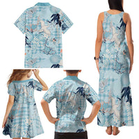 Blue Palaka Crane and Flowers Family Matching Tank Maxi Dress and Hawaiian Shirt Japan Heritage Spirit - Polynesian Pride