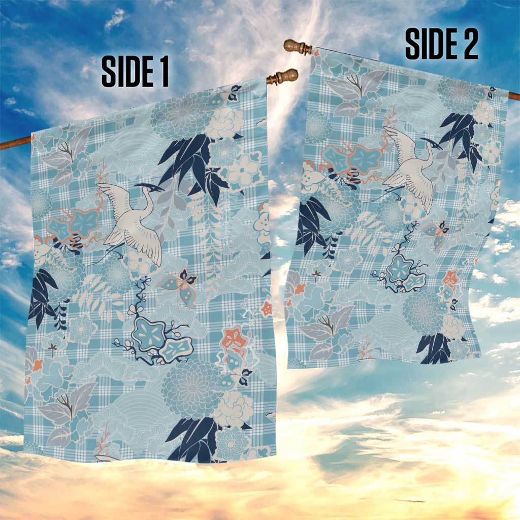 Blue Palaka Crane and Flowers Garden Flag Japan Heritage Spirit - Polynesian Pride