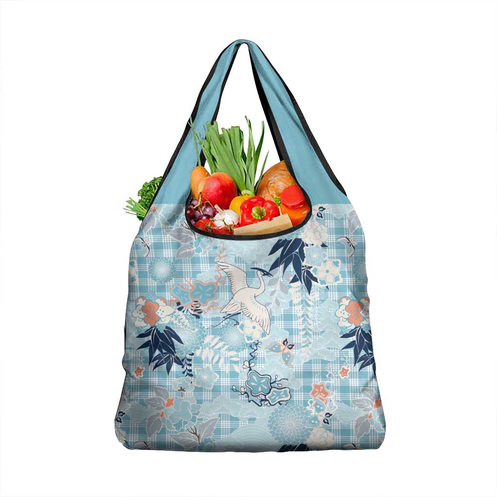 Blue Palaka Crane and Flowers Grocery Bag Japan Heritage Spirit LT9 1-pack One Size Blue - Polynesian Pride