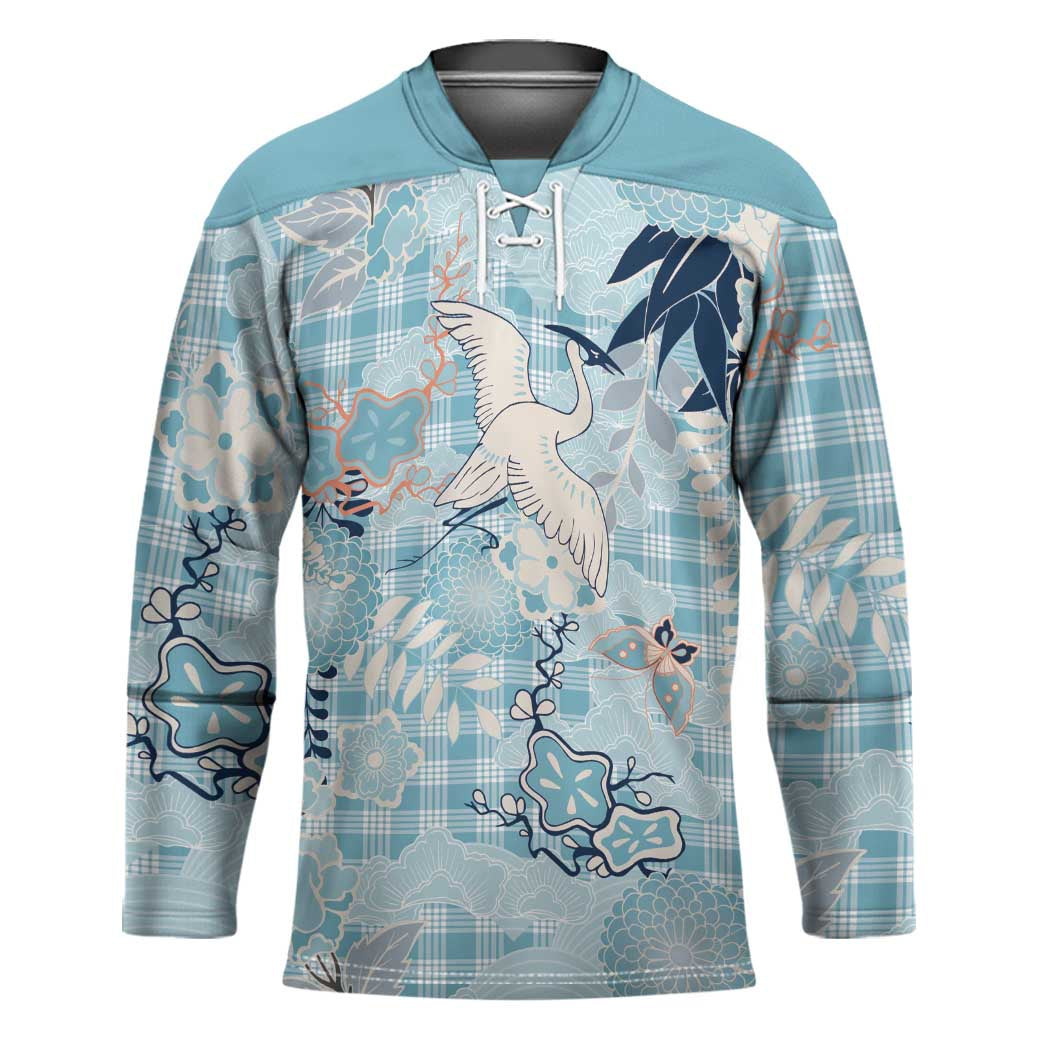 Blue Palaka Crane and Flowers Hockey Jersey Japan Heritage Spirit LT9 Unisex Blue - Polynesian Pride