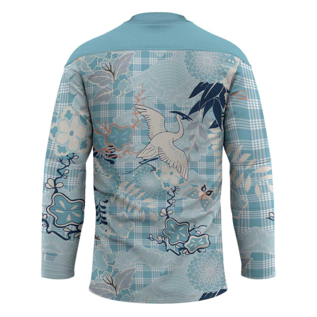 Blue Palaka Crane and Flowers Hockey Jersey Japan Heritage Spirit LT9 - Polynesian Pride