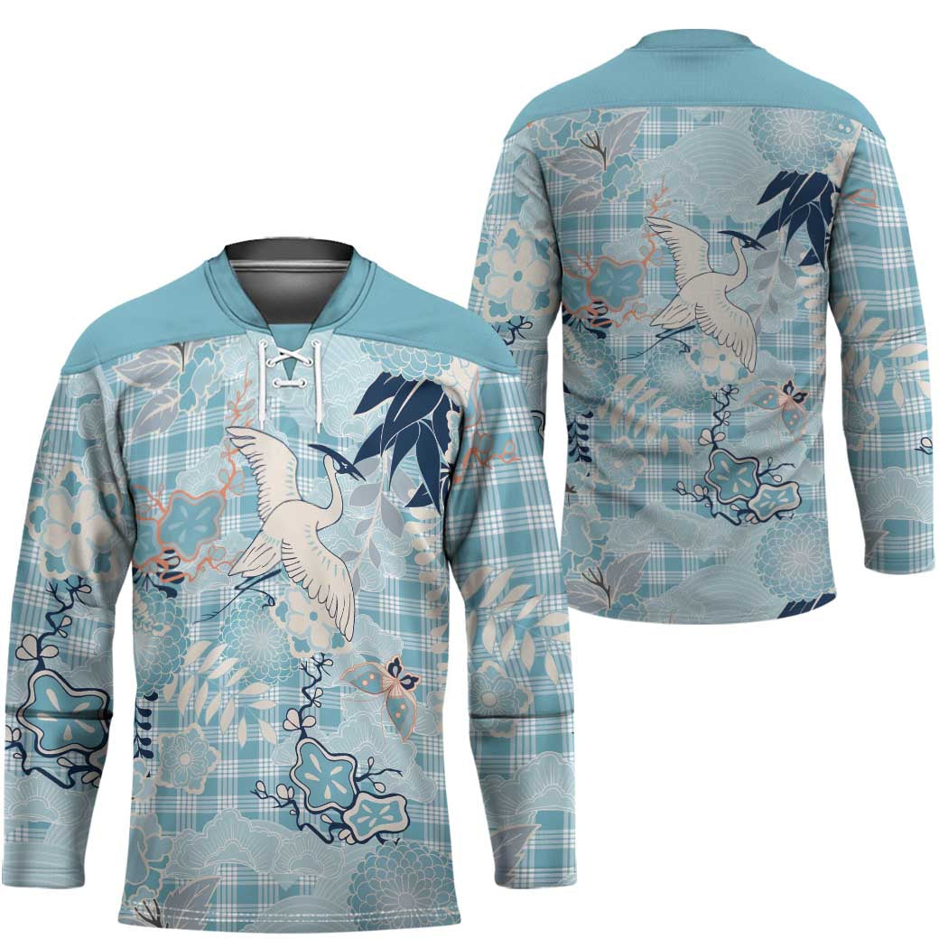 Blue Palaka Crane and Flowers Hockey Jersey Japan Heritage Spirit LT9 - Polynesian Pride