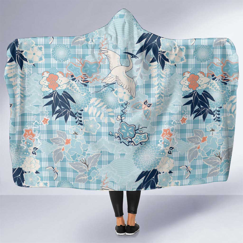 Blue Palaka Crane and Flowers Hooded Blanket Japan Heritage Spirit LT9 One Size Blue - Polynesian Pride