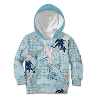 Blue Palaka Crane and Flowers Kid Hoodie Japan Heritage Spirit - Polynesian Pride
