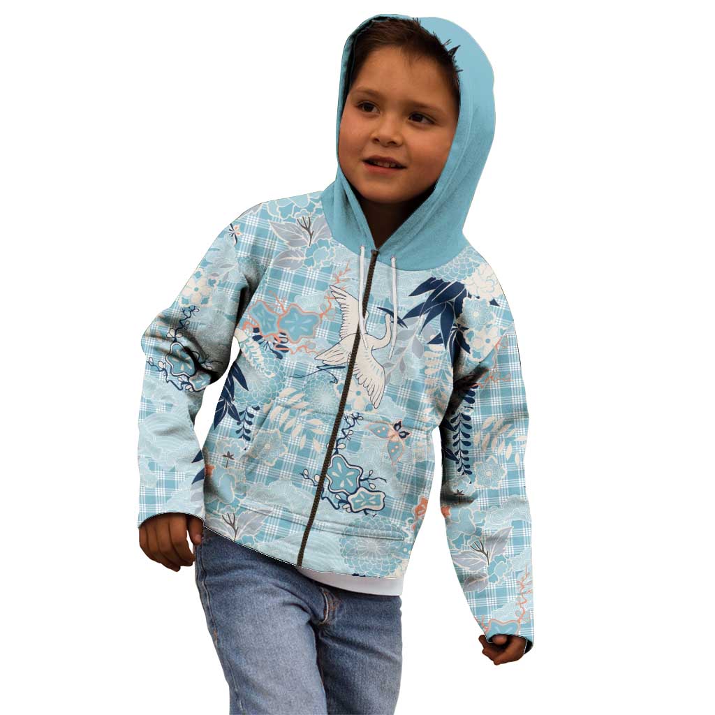 Blue Palaka Crane and Flowers Kid Hoodie Japan Heritage Spirit - Polynesian Pride