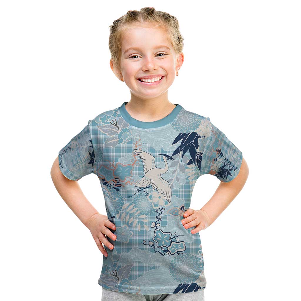 Blue Palaka Crane and Flowers Kid T Shirt Japan Heritage Spirit LT9 Blue - Polynesian Pride