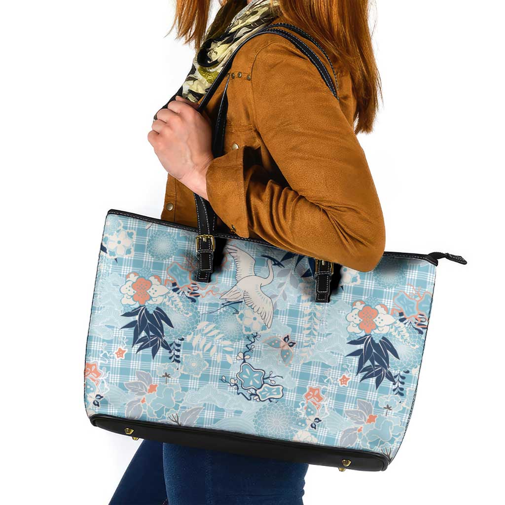 Blue Palaka Crane and Flowers Leather Tote Bag Japan Heritage Spirit LT9 Blue - Polynesian Pride