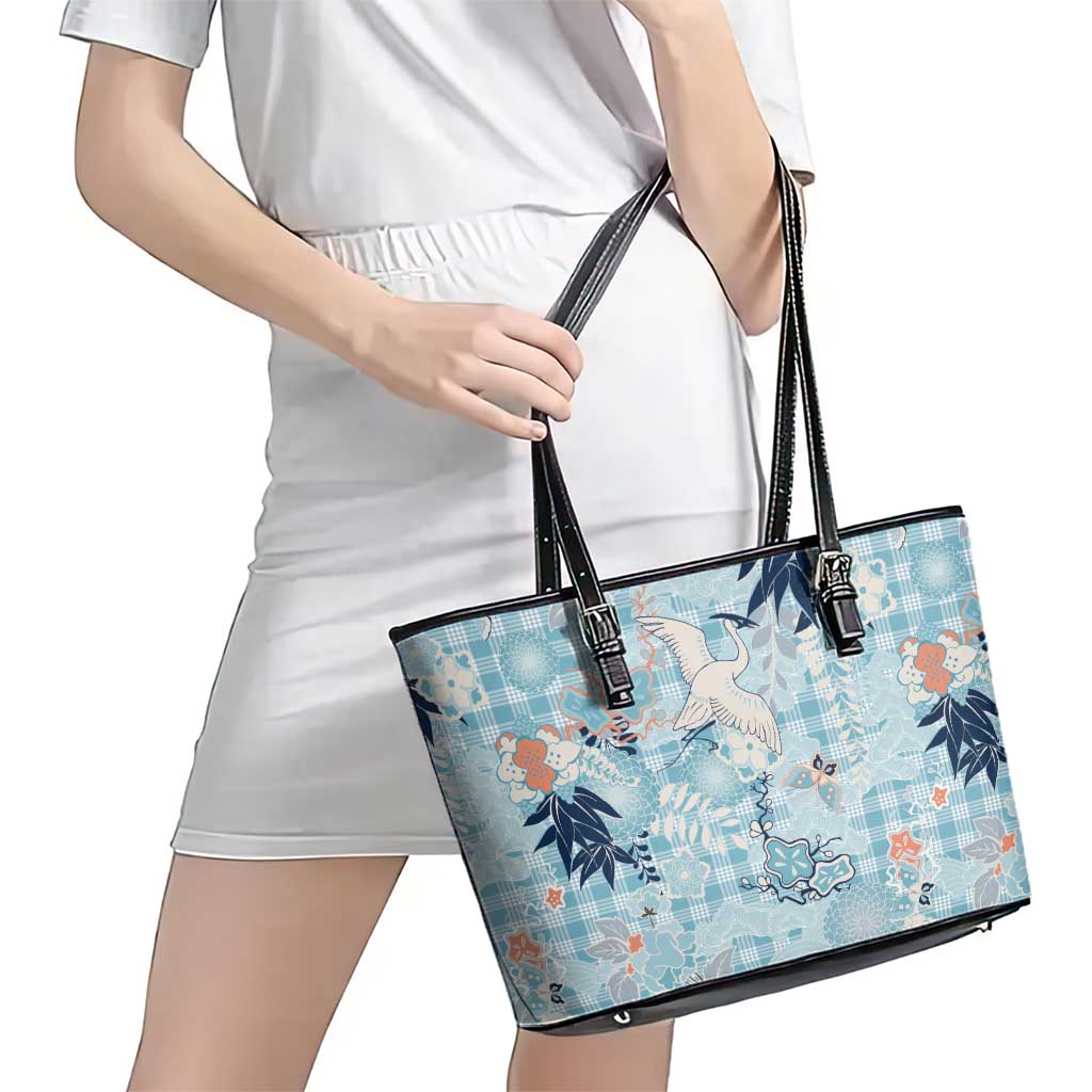 Blue Palaka Crane and Flowers Leather Tote Bag Japan Heritage Spirit - Polynesian Pride