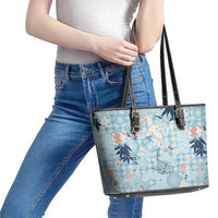 Blue Palaka Crane and Flowers Leather Tote Bag Japan Heritage Spirit - Polynesian Pride