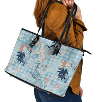 Blue Palaka Crane and Flowers Leather Tote Bag Japan Heritage Spirit - Polynesian Pride