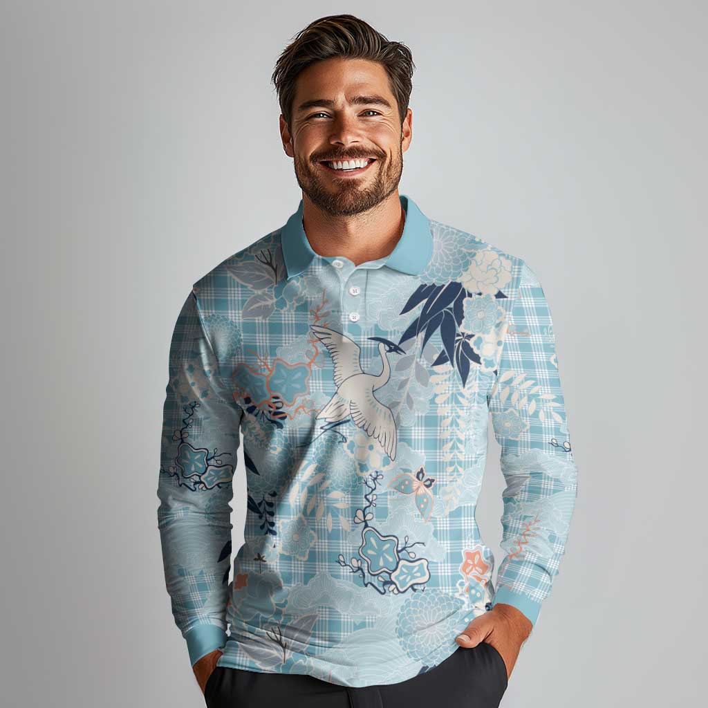 Blue Palaka Crane and Flowers Long Sleeve Polo Shirt Japan Heritage Spirit - Polynesian Pride