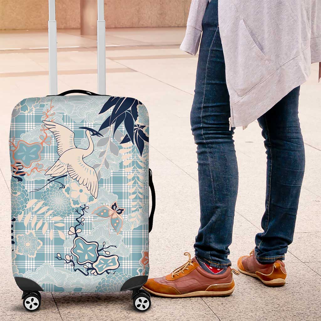 Blue Palaka Crane and Flowers Luggage Cover Japan Heritage Spirit LT9 Blue - Polynesian Pride