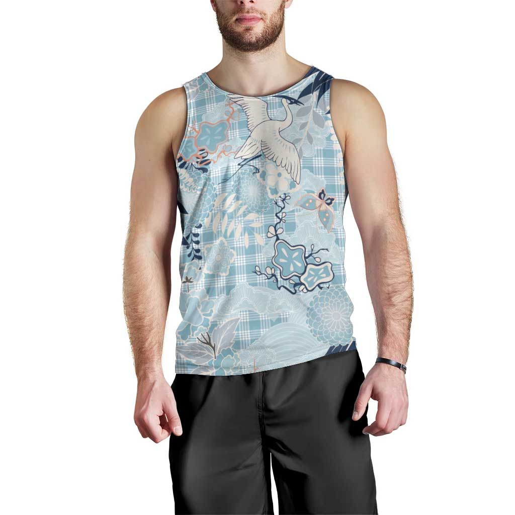 Blue Palaka Crane and Flowers Men Tank Top Japan Heritage Spirit - Polynesian Pride