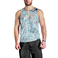 Blue Palaka Crane and Flowers Men Tank Top Japan Heritage Spirit - Polynesian Pride
