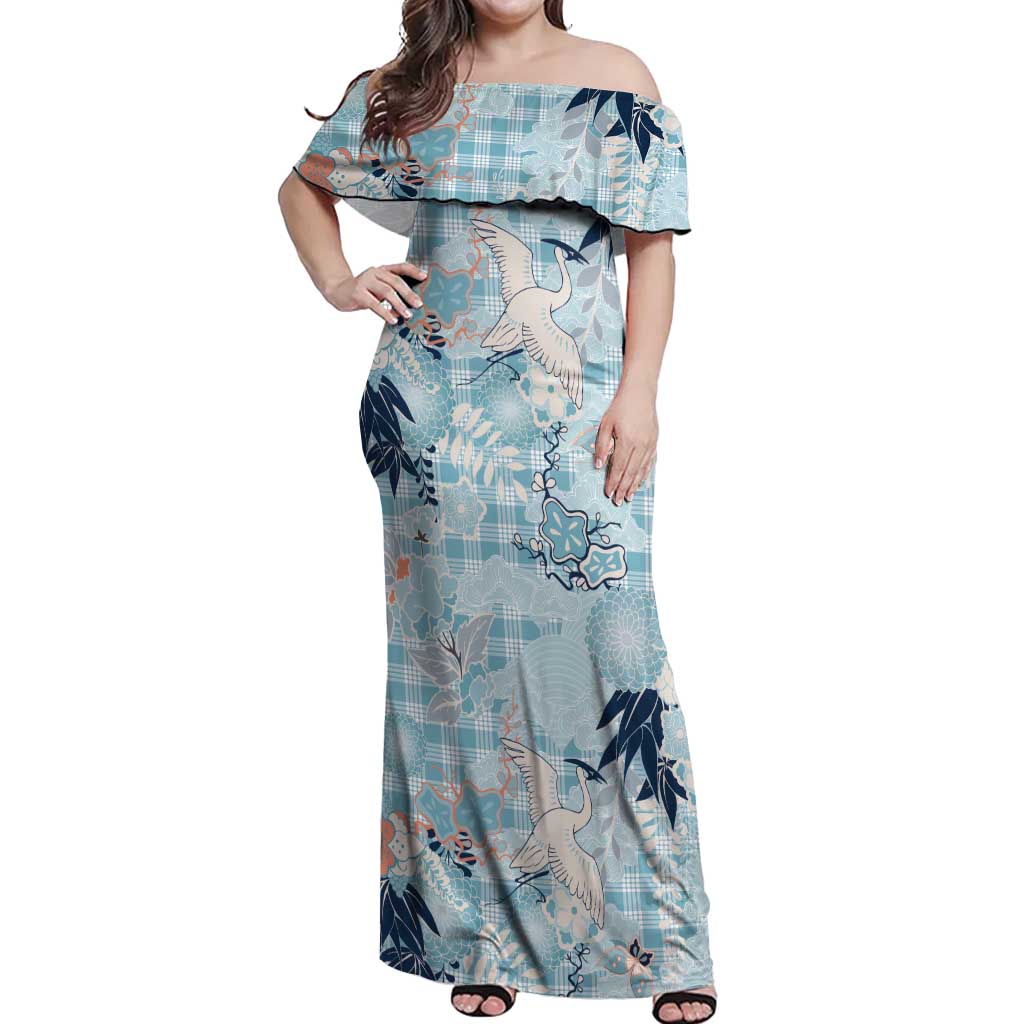 Blue Palaka Crane and Flowers Off Shoulder Maxi Dress Japan Heritage Spirit - Polynesian Pride