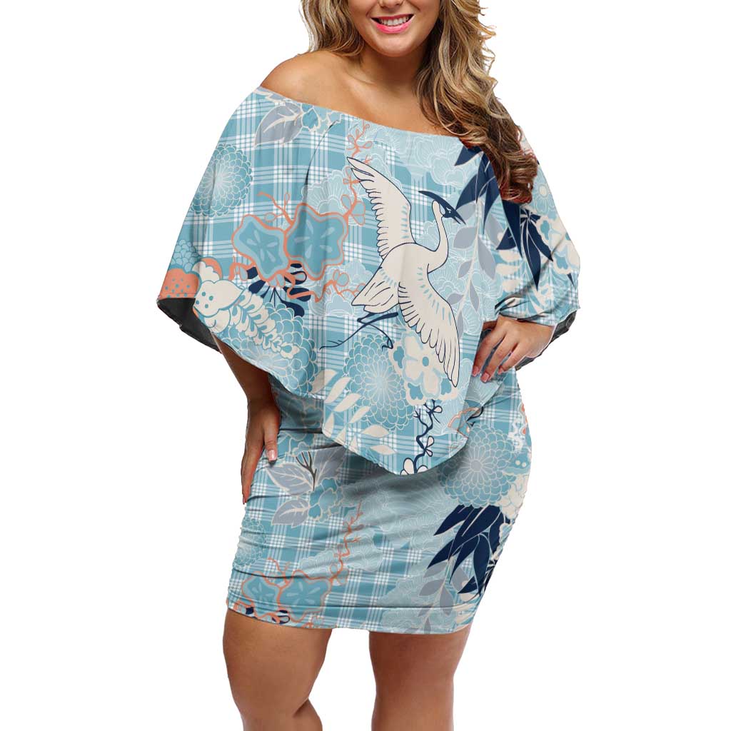 Blue Palaka Crane and Flowers Off Shoulder Short Dress Japan Heritage Spirit - Polynesian Pride