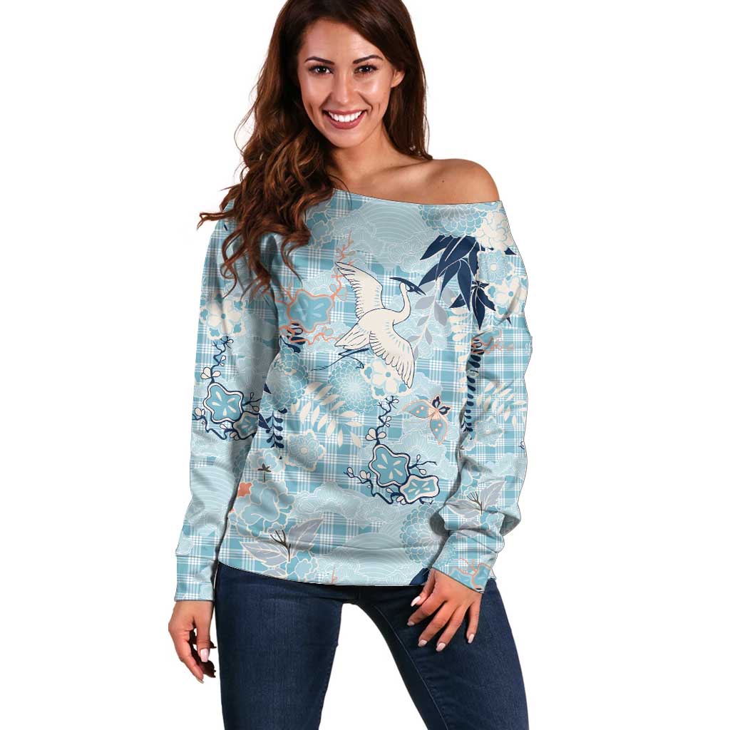 Blue Palaka Crane and Flowers Off Shoulder Sweater Japan Heritage Spirit - Polynesian Pride
