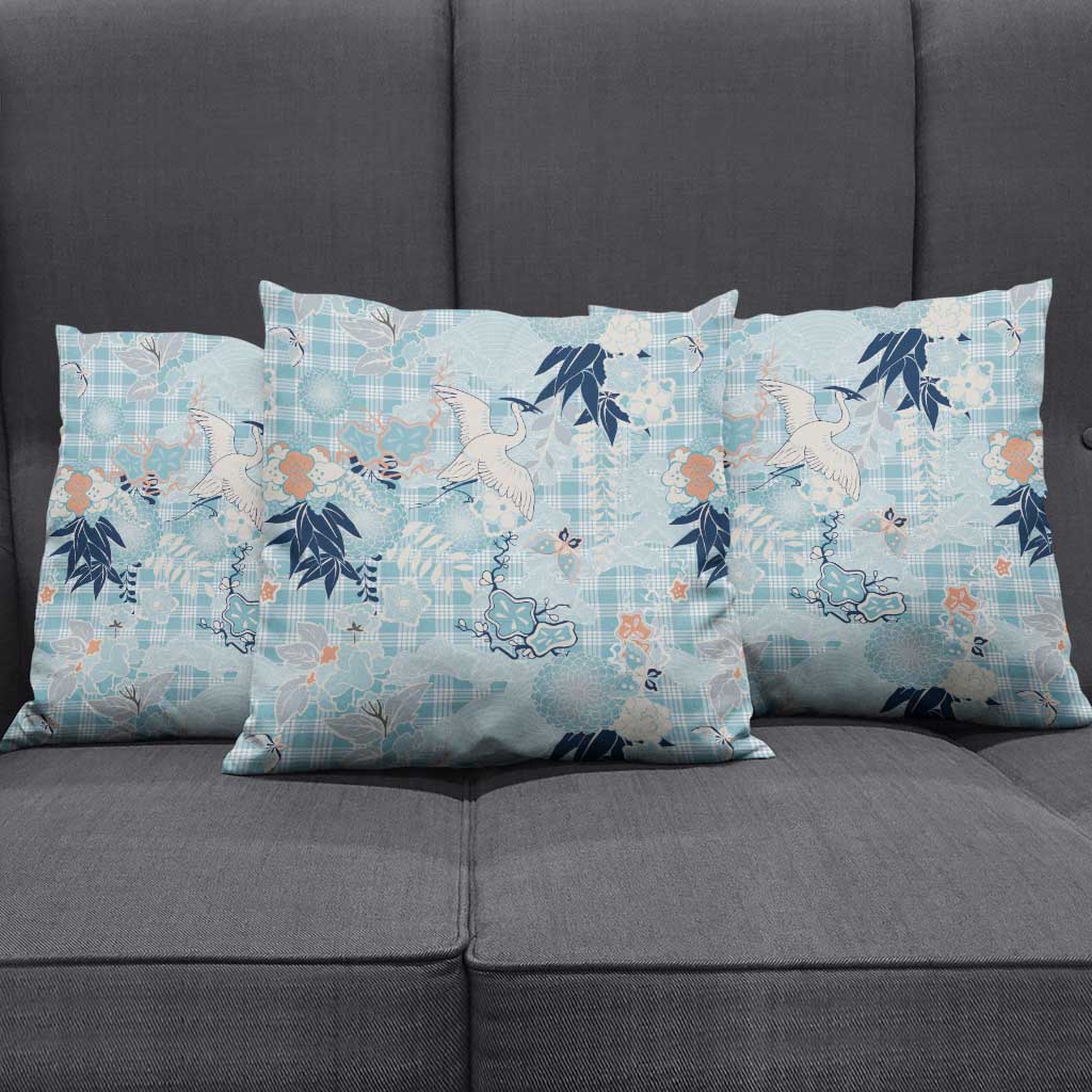 Blue Palaka Crane and Flowers Pillow Cover Japan Heritage Spirit - Polynesian Pride