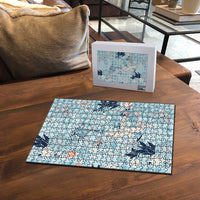 Blue Palaka Crane and Flowers Puzzle Japan Heritage Spirit - Polynesian Pride