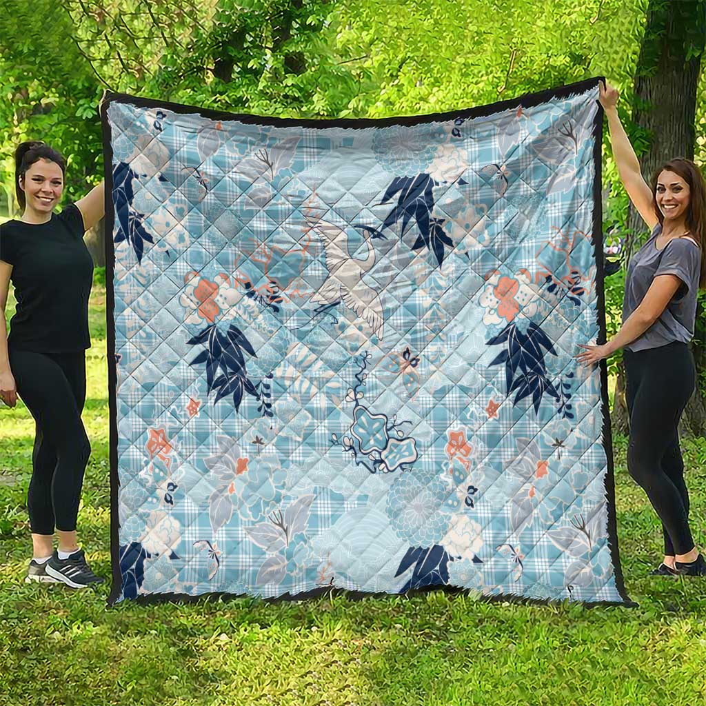 Blue Palaka Crane and Flowers Quilt Japan Heritage Spirit - Polynesian Pride