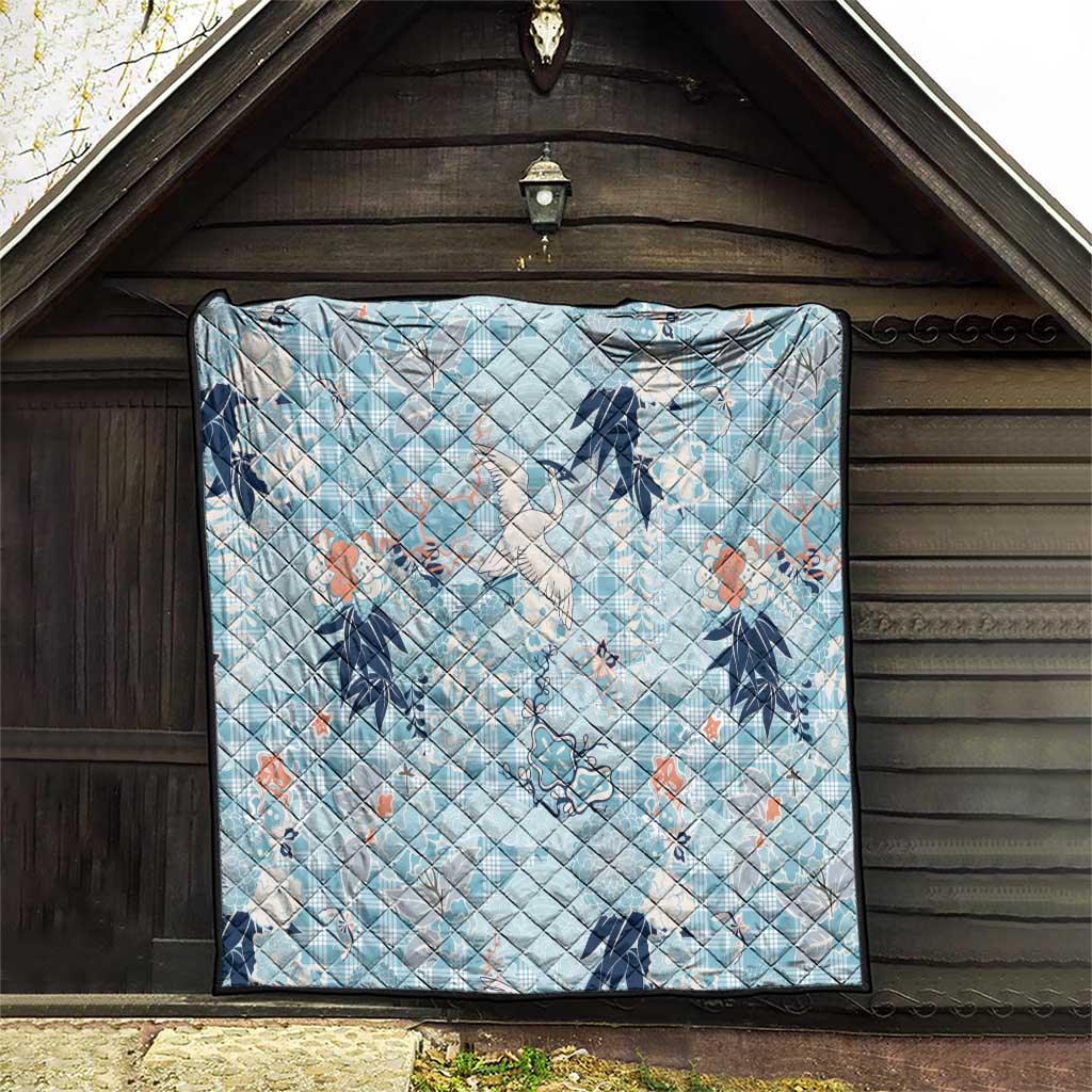 Blue Palaka Crane and Flowers Quilt Japan Heritage Spirit - Polynesian Pride