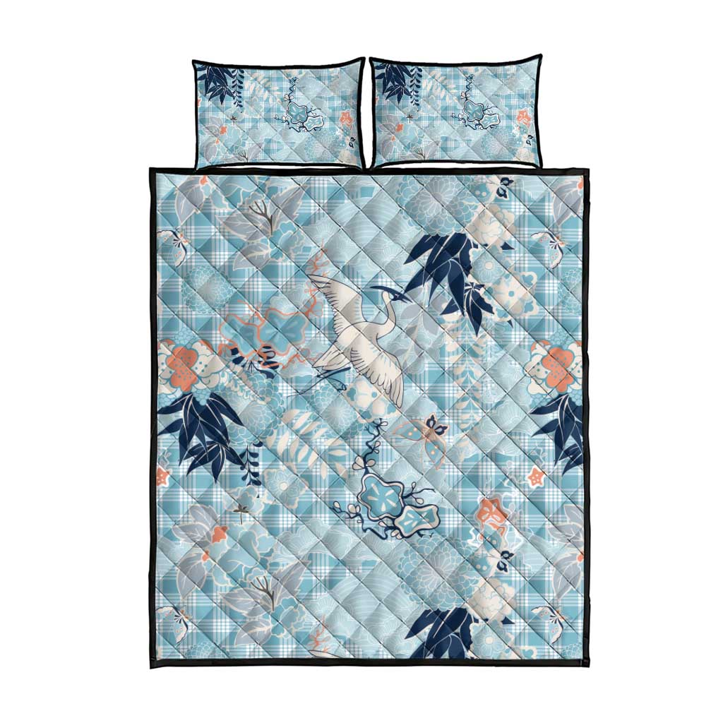Blue Palaka Crane and Flowers Quilt Bed Set Japan Heritage Spirit - Polynesian Pride