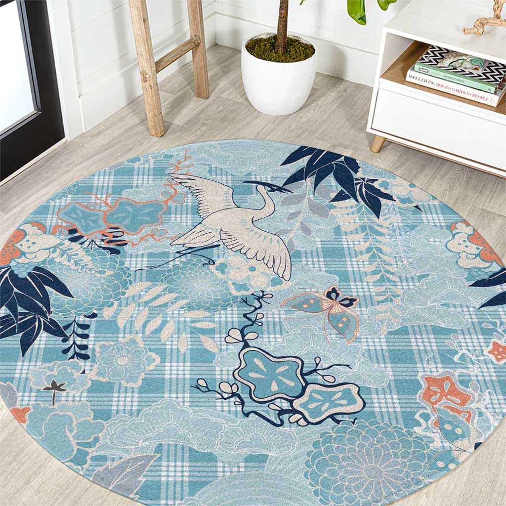 Blue Palaka Crane and Flowers Round Carpet Japan Heritage Spirit LT9 Blue - Polynesian Pride