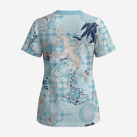 Blue Palaka Crane and Flowers Scrub Top Japan Heritage Spirit - Polynesian Pride