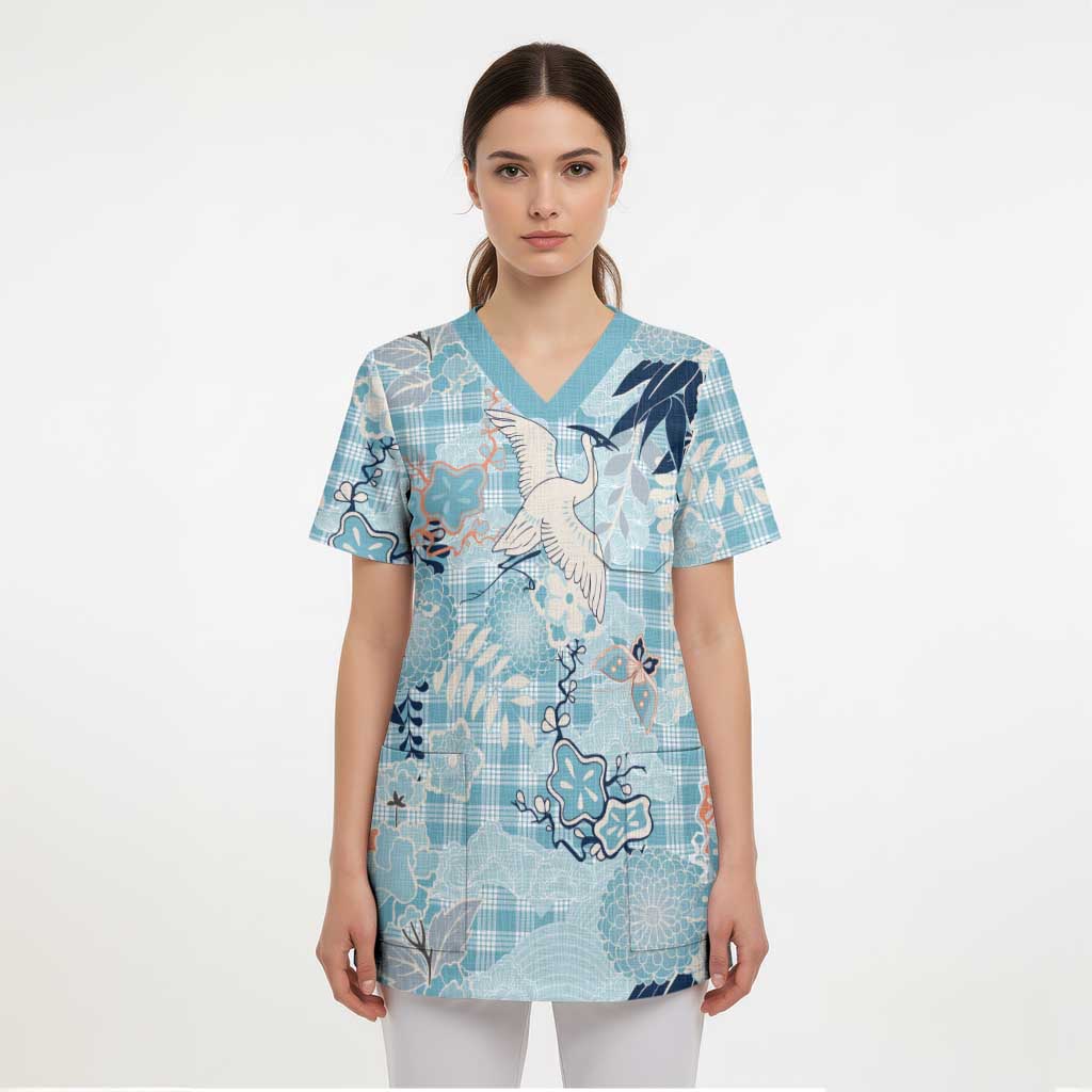 Blue Palaka Crane and Flowers Scrub Top Japan Heritage Spirit - Polynesian Pride