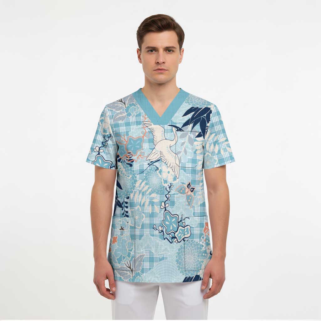 Blue Palaka Crane and Flowers Scrub Top Japan Heritage Spirit - Polynesian Pride
