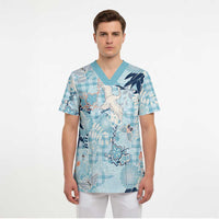 Blue Palaka Crane and Flowers Scrub Top Japan Heritage Spirit - Polynesian Pride