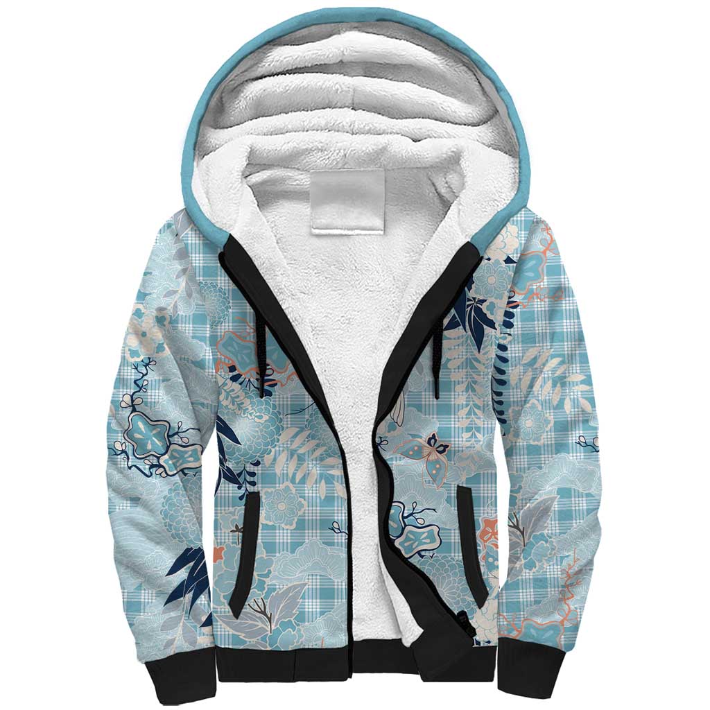 Blue Palaka Crane and Flowers Sherpa Hoodie Japan Heritage Spirit - Polynesian Pride