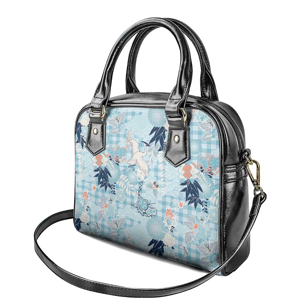 Blue Palaka Crane and Flowers Shoulder Handbag Japan Heritage Spirit - Polynesian Pride